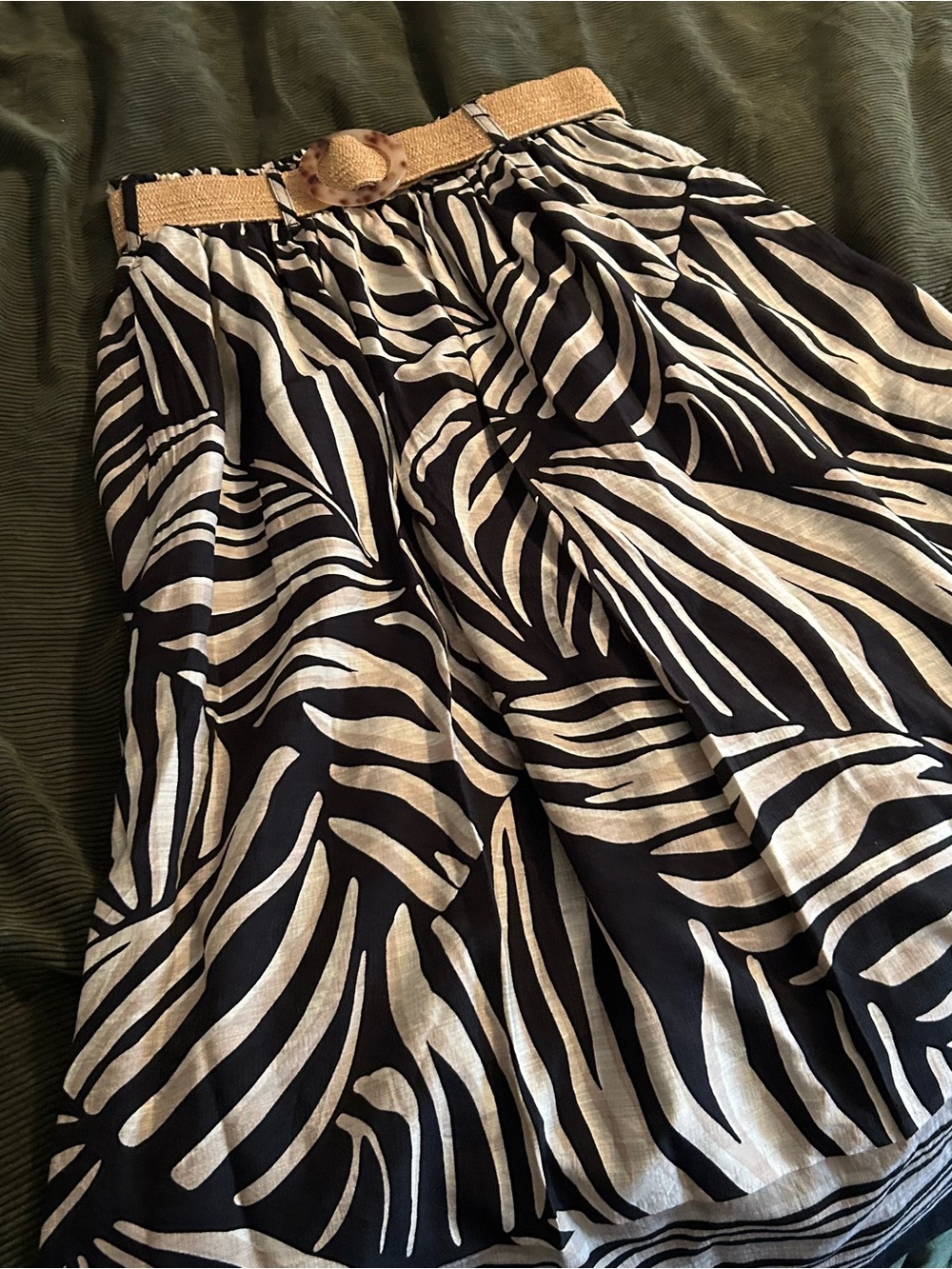 Nine West Black and Cream Zebra Print Belted A-Line Skirt